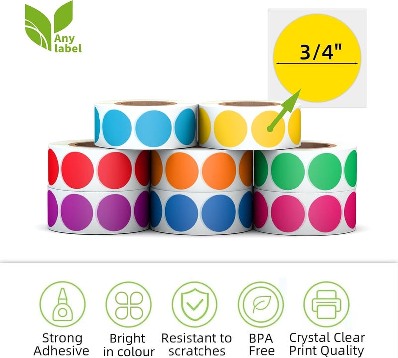 Anylabel 3/4" Round Color Coding Circle Dot Labels 4000 PCS Includes Bright Yellow Green Red Pink Orange Blue(8 Rolls,500 Labels/Roll) - Image 2